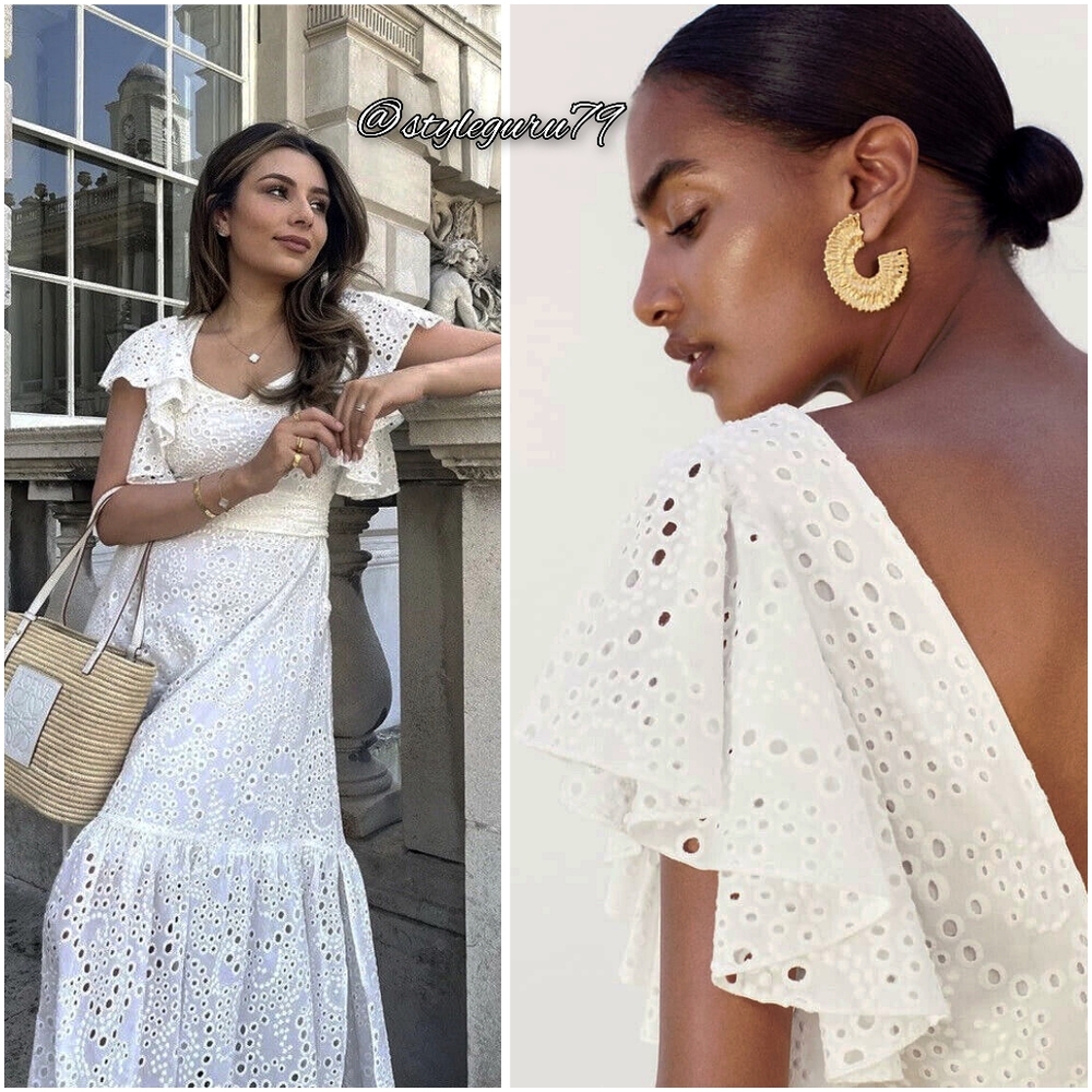 NWT, ZARA, White Embroidered Eyelet Midi Dress - Picture 5 of 5